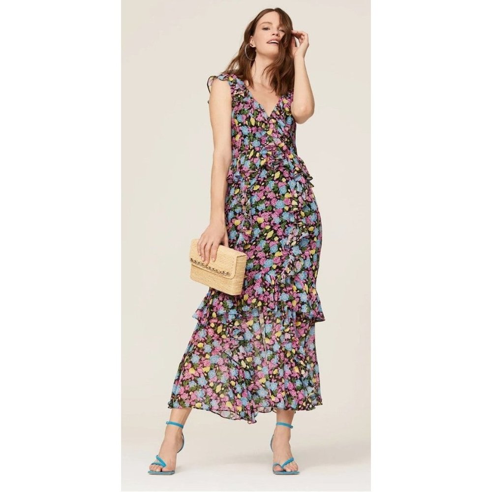 RTR size 4 Amur Evita pink and blue floral teired ruffle sleeve maxi dress vneck